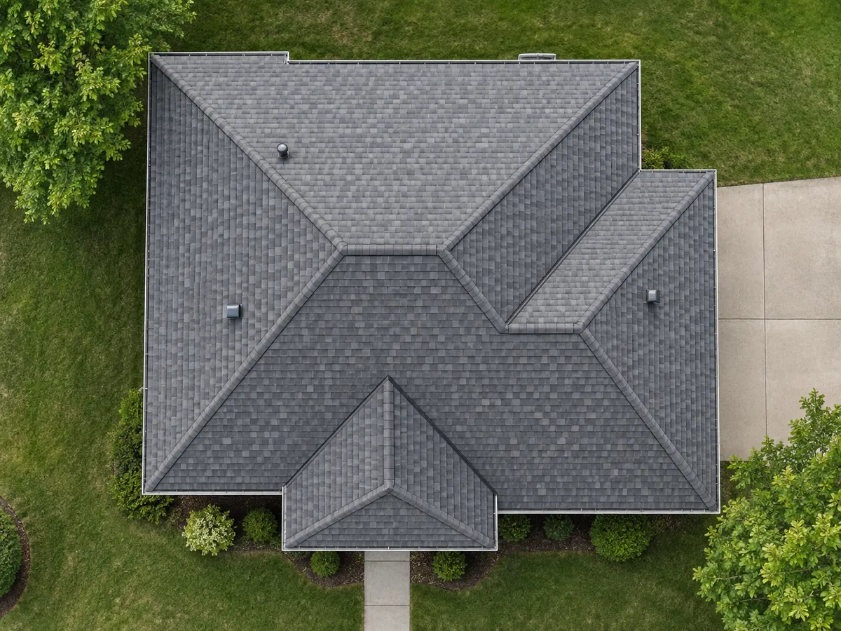 Top-down aerial photo of a hip roof with grey architectural shingles